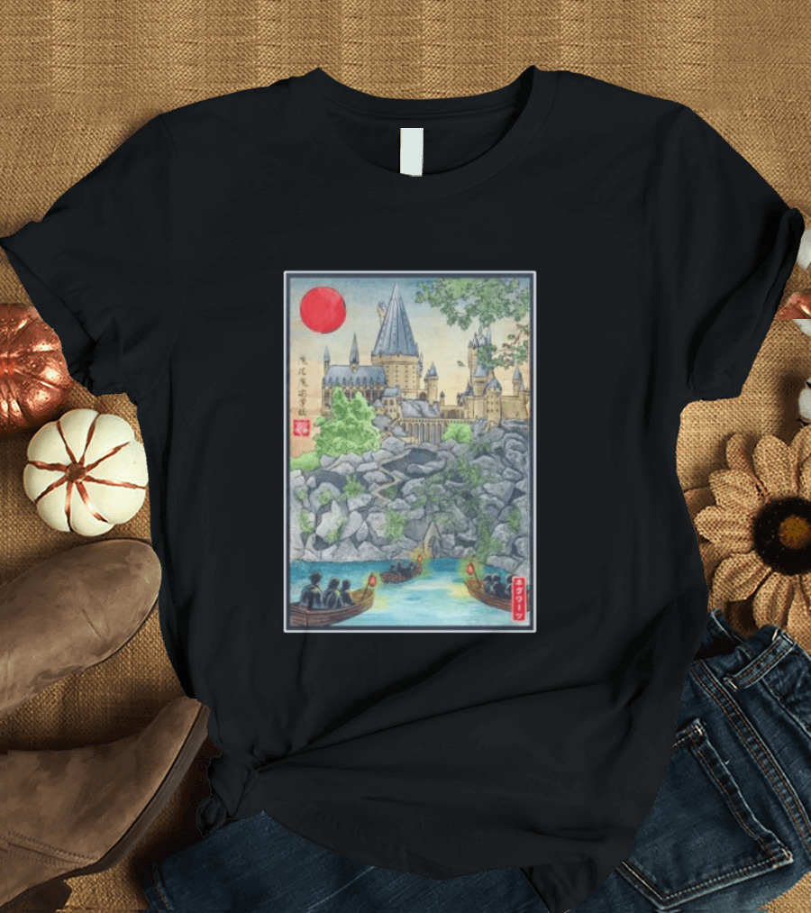 Hogwarts School Of Witchcraft And Wizardry Japanese Ukiyo E Style Castle With Boats And Red Sun T-Shirt