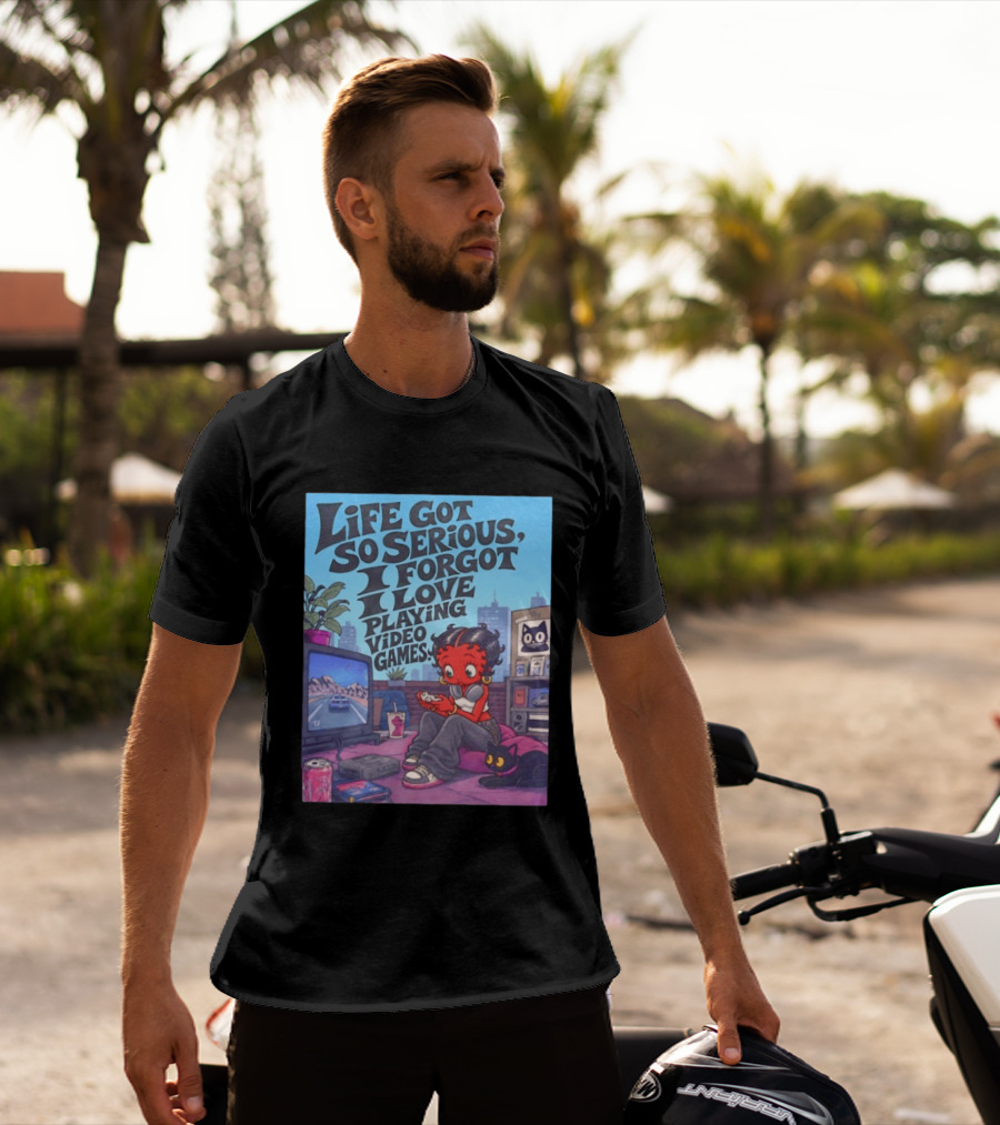 Life Got So Serious I Forgot I Love Playing Video Games City Room Scene Retro Character And Cat T-Shirt