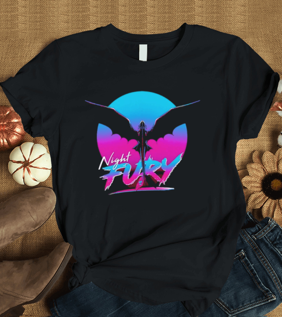 Night Fury Dragon Silhouette Neon Blue And Pink T-Shirt