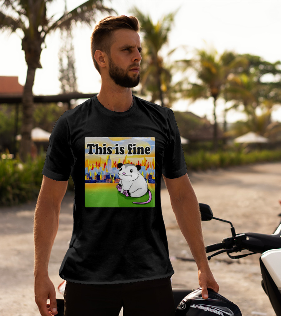 This Is Fine Opossum New York City NYC Urban Skyline Flames T-Shirt