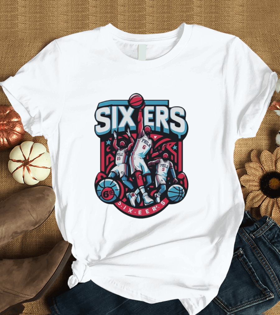 Philadelphia Sixers 2026 NBA Collage Featuring Number 6 Phila Basketball Player T-Shirt