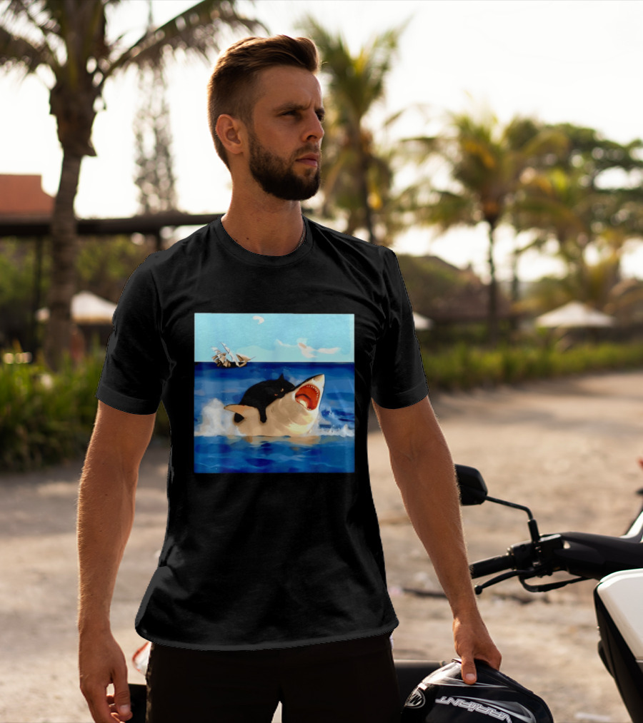 Black Cat Riding Great White Shark With Ocean And Sailing Ship T-Shirt