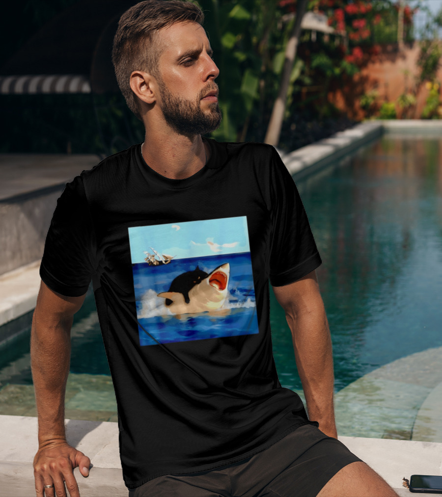 Black Cat Riding Great White Shark With Ocean And Sailing Ship T-Shirt
