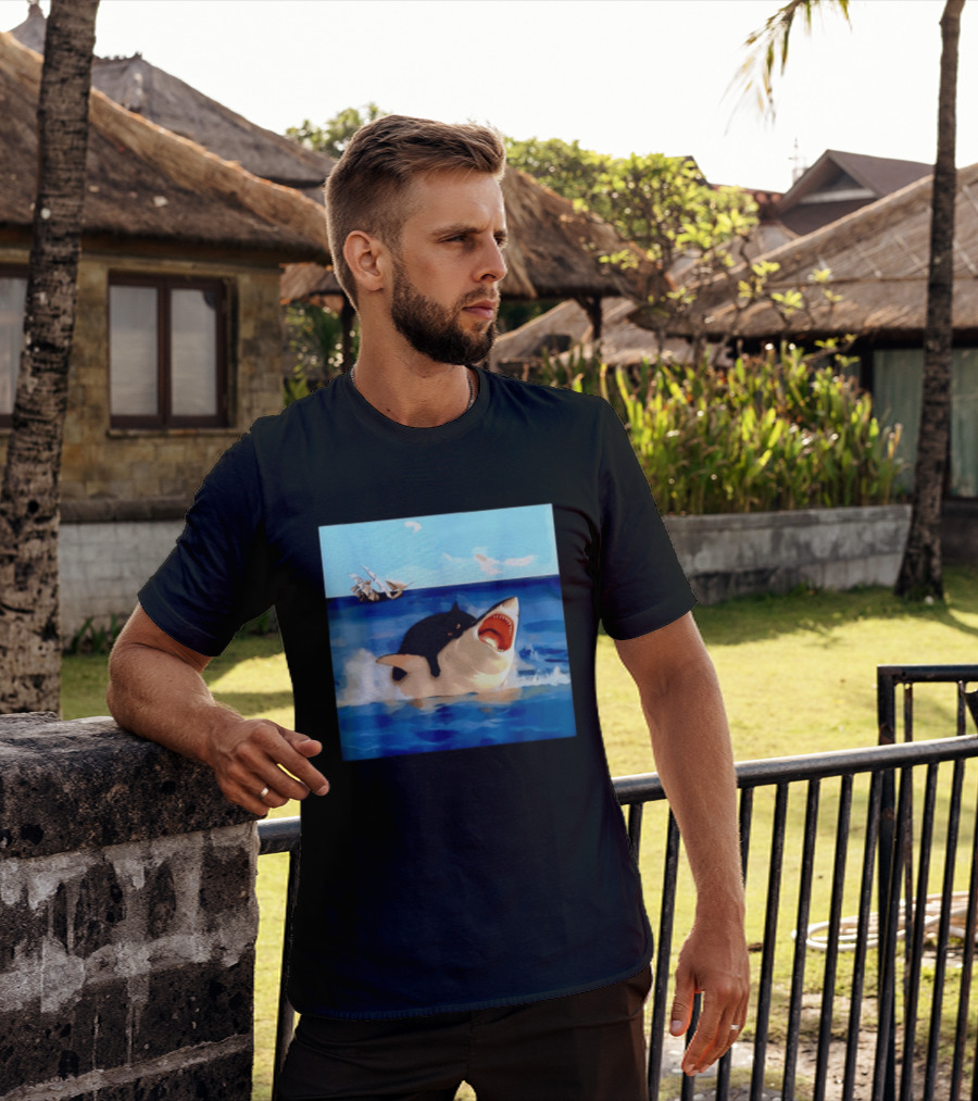Black Cat Riding Great White Shark With Ocean And Sailing Ship T-Shirt
