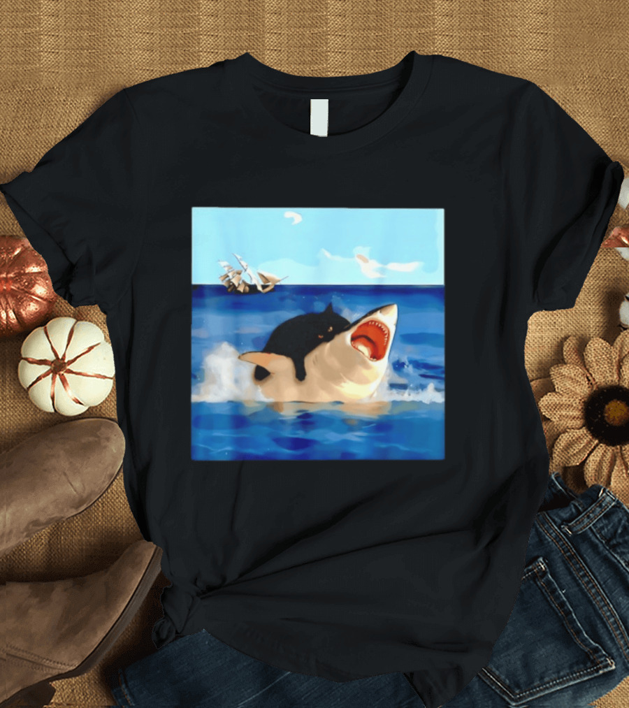 Black Cat Riding Great White Shark With Ocean And Sailing Ship T-Shirt