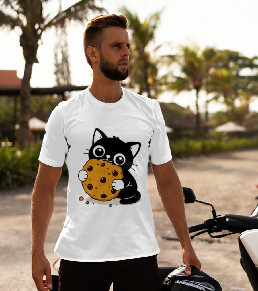 Black Cat Holding Chocolate Chip Cookie T-Shirt