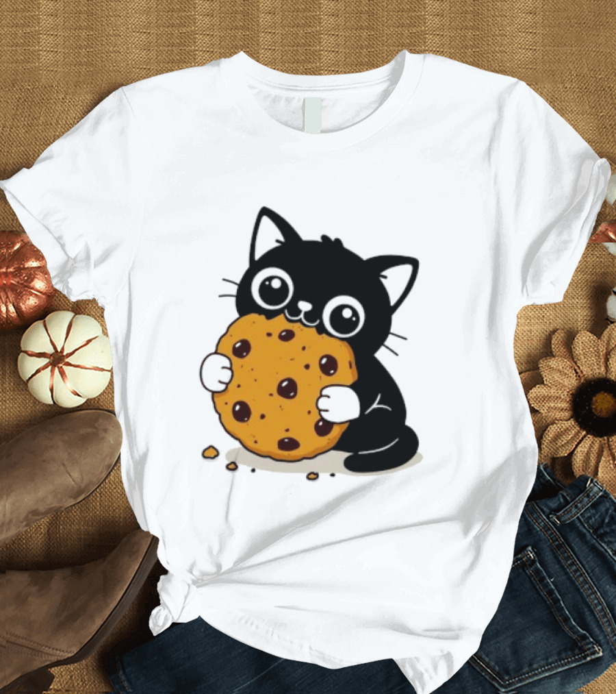 Black Cat Holding Chocolate Chip Cookie T-Shirt