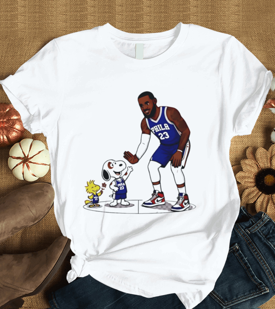 Snoopy Woodstock High Five LeBron James 23 Philadelphia 76ers Collaboration T-Shirt