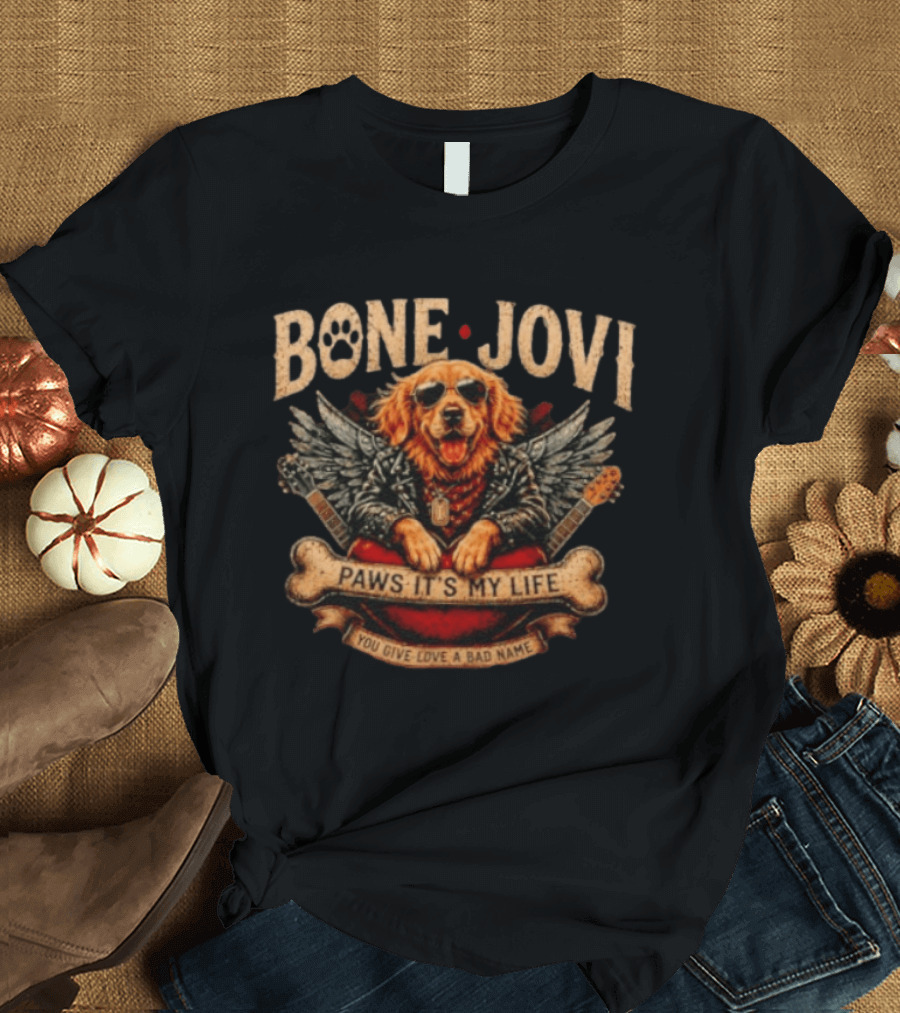 Bone Jovi Paws It's My Life You Give Love A Bad Name Golden Retriever Wings Guitar T-Shirt