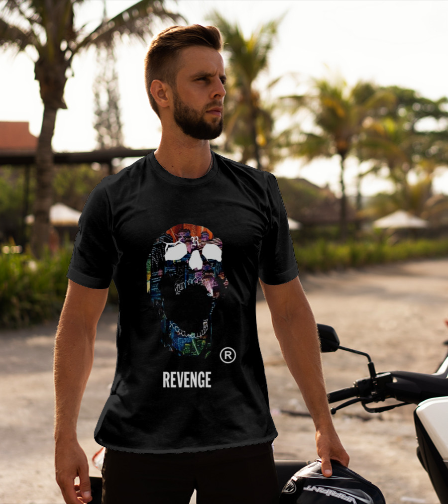 Revenge Neon Skull Cityscape Lights Black T-Shirt