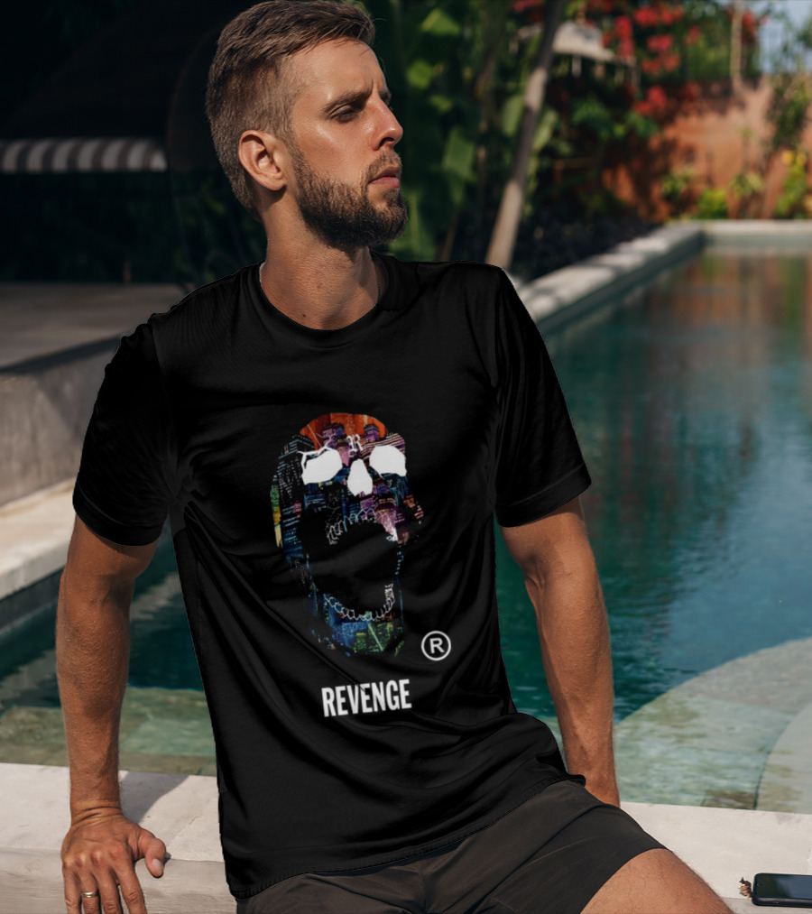 Revenge Neon Skull Cityscape Lights Black T-Shirt