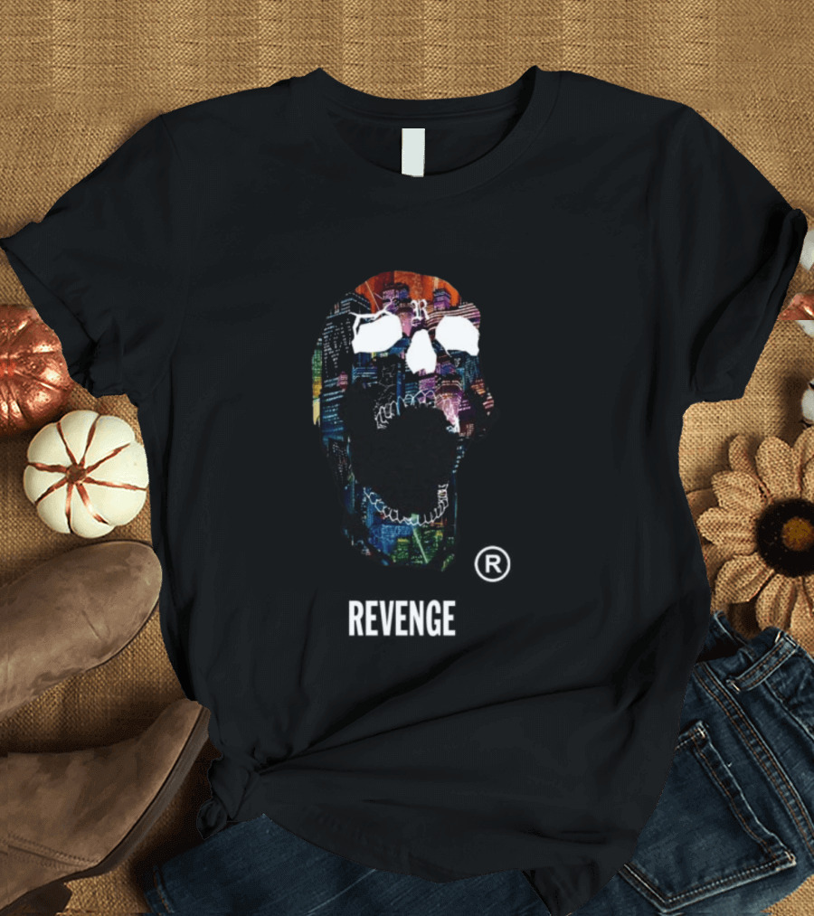 Revenge Neon Skull Cityscape Lights Black T-Shirt