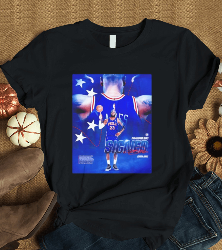 Philadelphia 76ers LeBron James Signed NBA 23 Stars T-Shirt