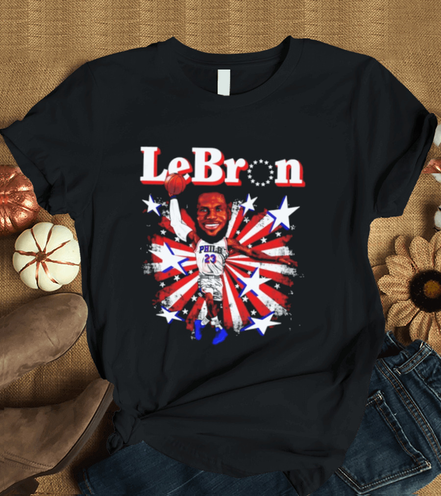 LeBron Stars PH 23 Basketball Caricature 76ers Red White Blue T-Shirt