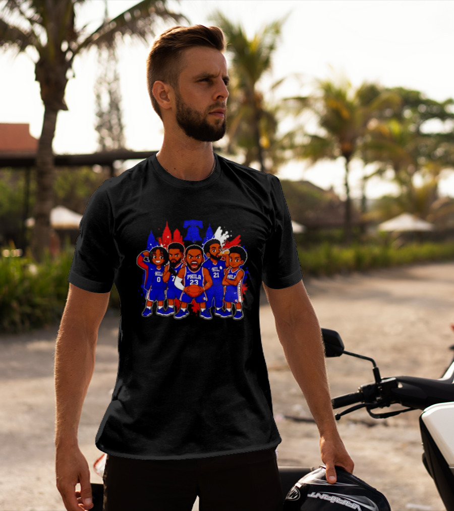 Philadelphia 76ers Cartoon Players With Liberty Bell Skyline T-Shirt
