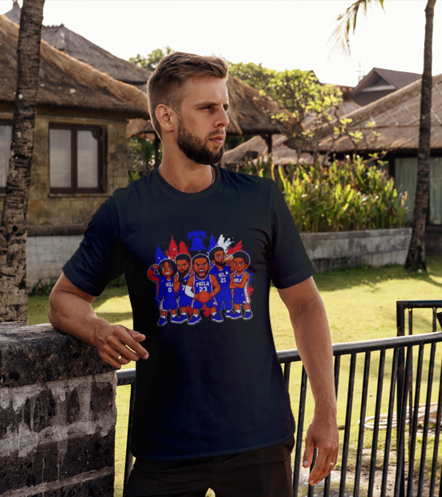 Philadelphia 76ers Cartoon Players With Liberty Bell Skyline T-Shirt