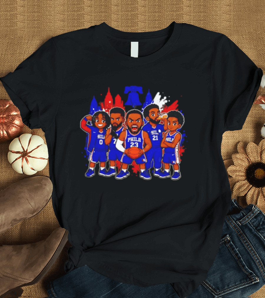 Philadelphia 76ers Cartoon Players With Liberty Bell Skyline T-Shirt