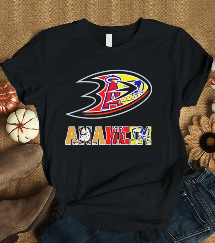 Anaheim Ducks Los Angeles Angels Anaheim Bolts Collage Anaheim Text And Logos T-Shirt