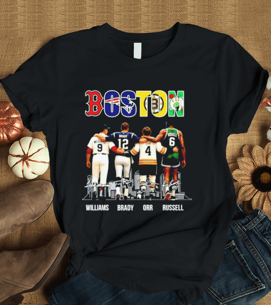 Boston Red Sox Patriots Bruins Celtics Williams Brady Orr Russell T-Shirt
