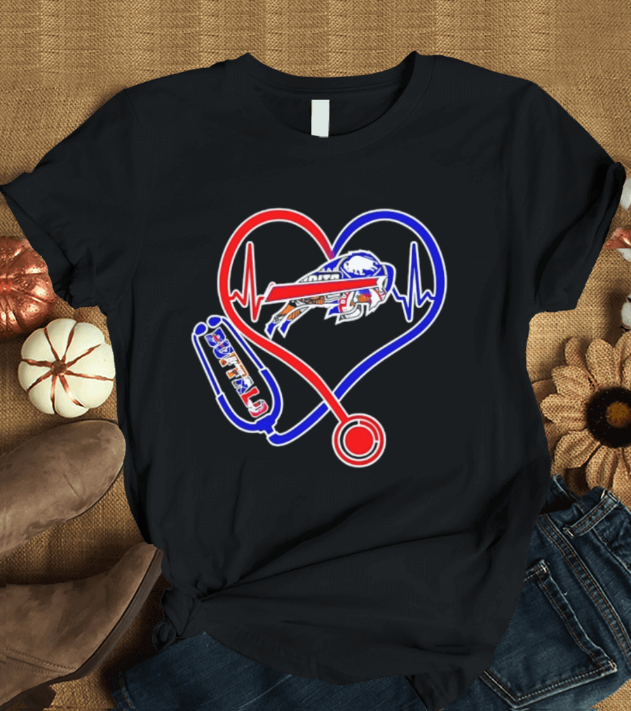Buffalo Bills Sabres Heartbeat Stethoscope Red White Blue T-Shirt