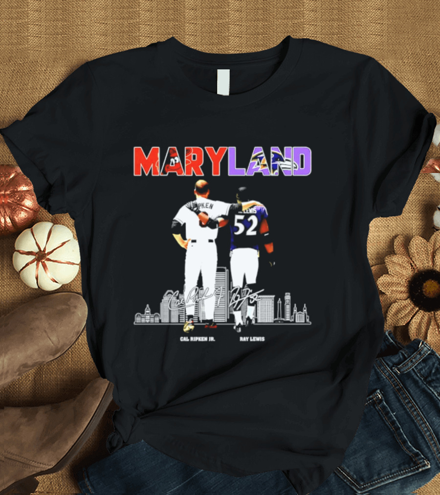 Maryland Cal Ripken Jr 8 Baltimore Orioles Ray Lewis 52 Baltimore Ravens Skyline T-Shirt