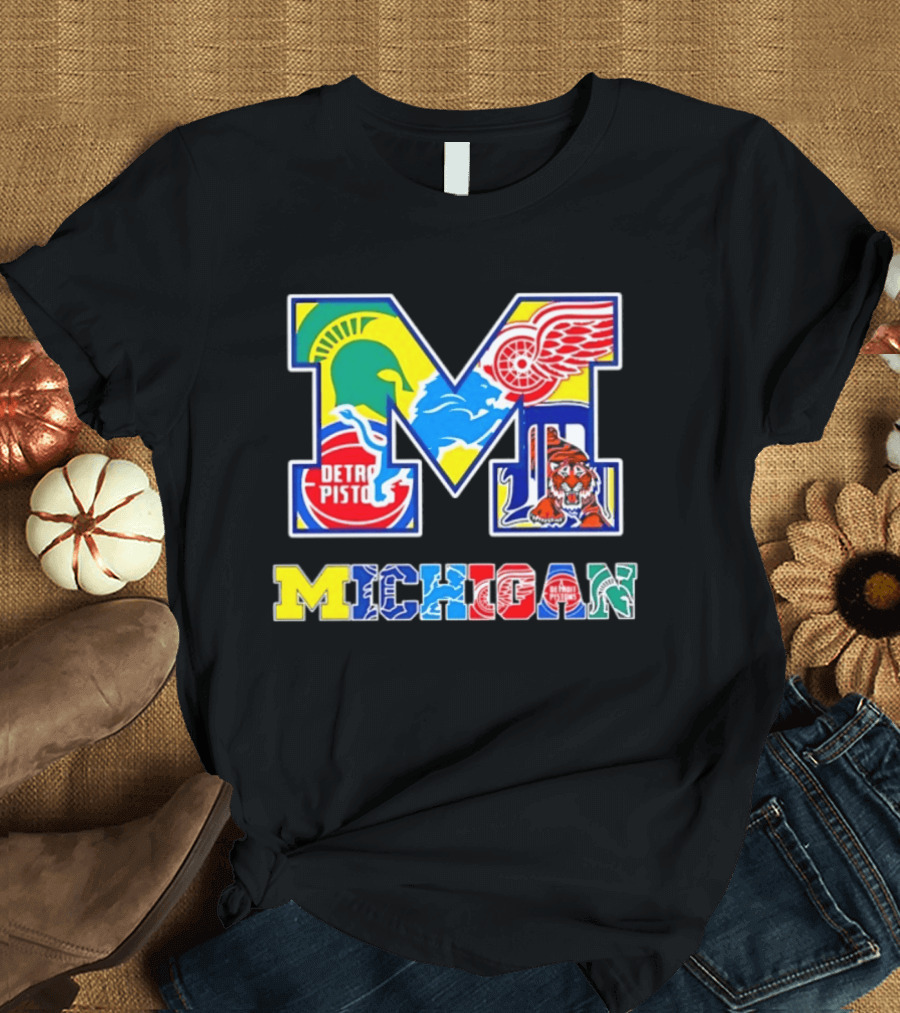 Michigan Detroit Pistons Red Wings Tigers Lions Wolverines Icons M T-Shirt