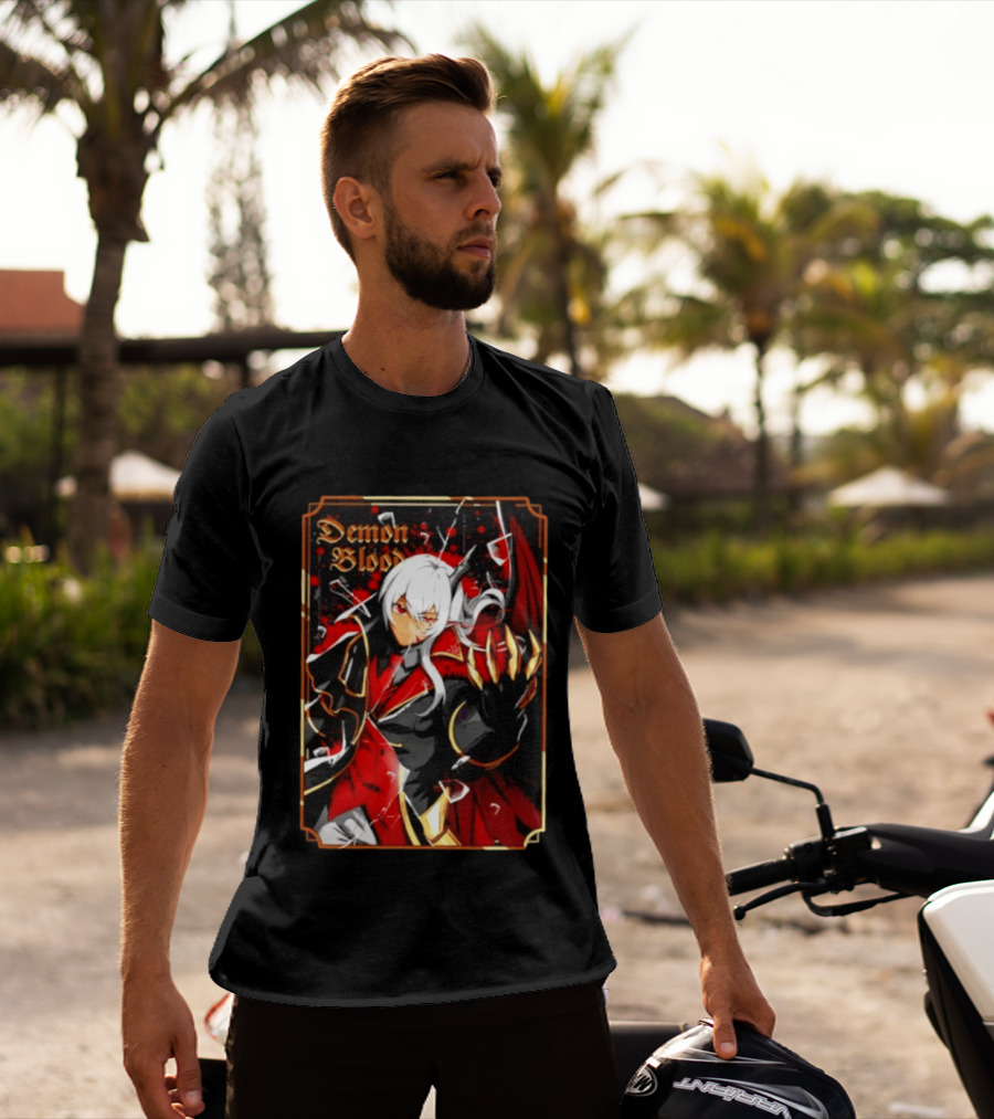 Demon Blood Anime Fantasy Dark Character Design With White Hair And Red Accents T-Shirt