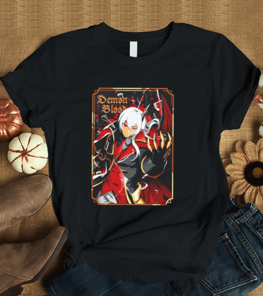 Demon Blood Anime Fantasy Dark Character Design With White Hair And Red Accents T-Shirt