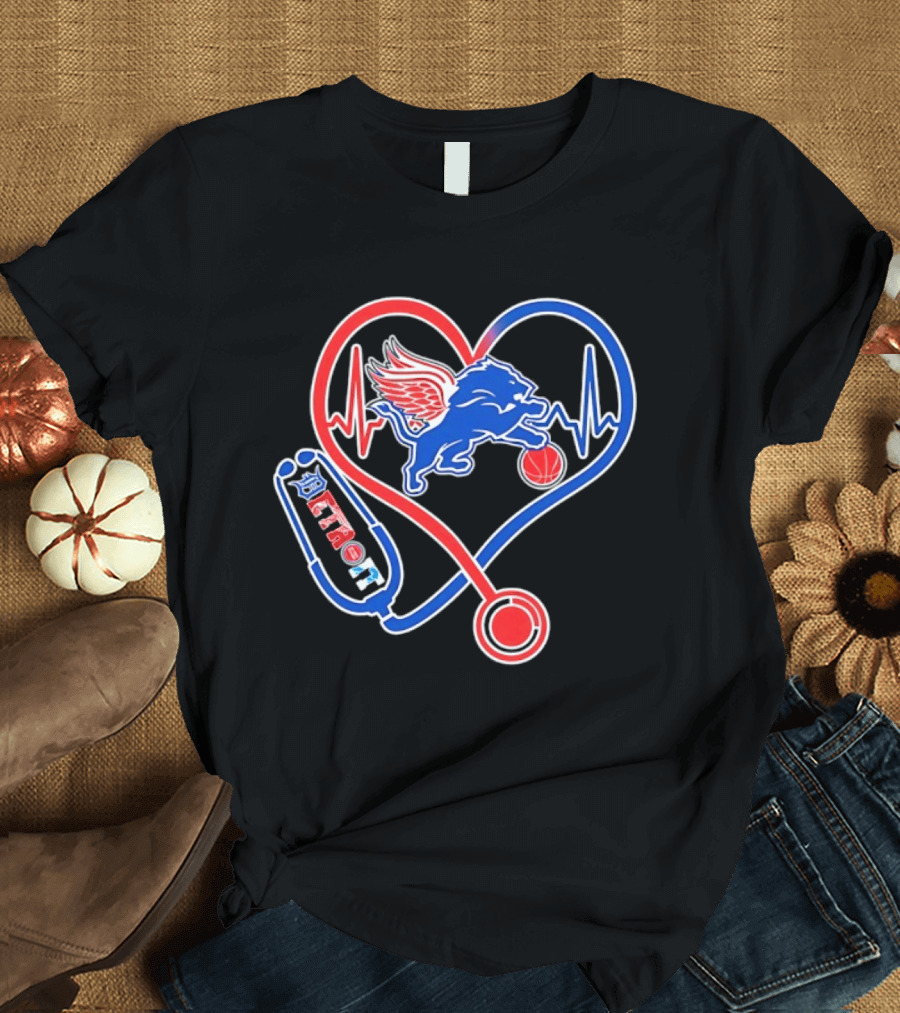 Detroit Heartbeat Stethoscope Lion Playing Basketball T-Shirt