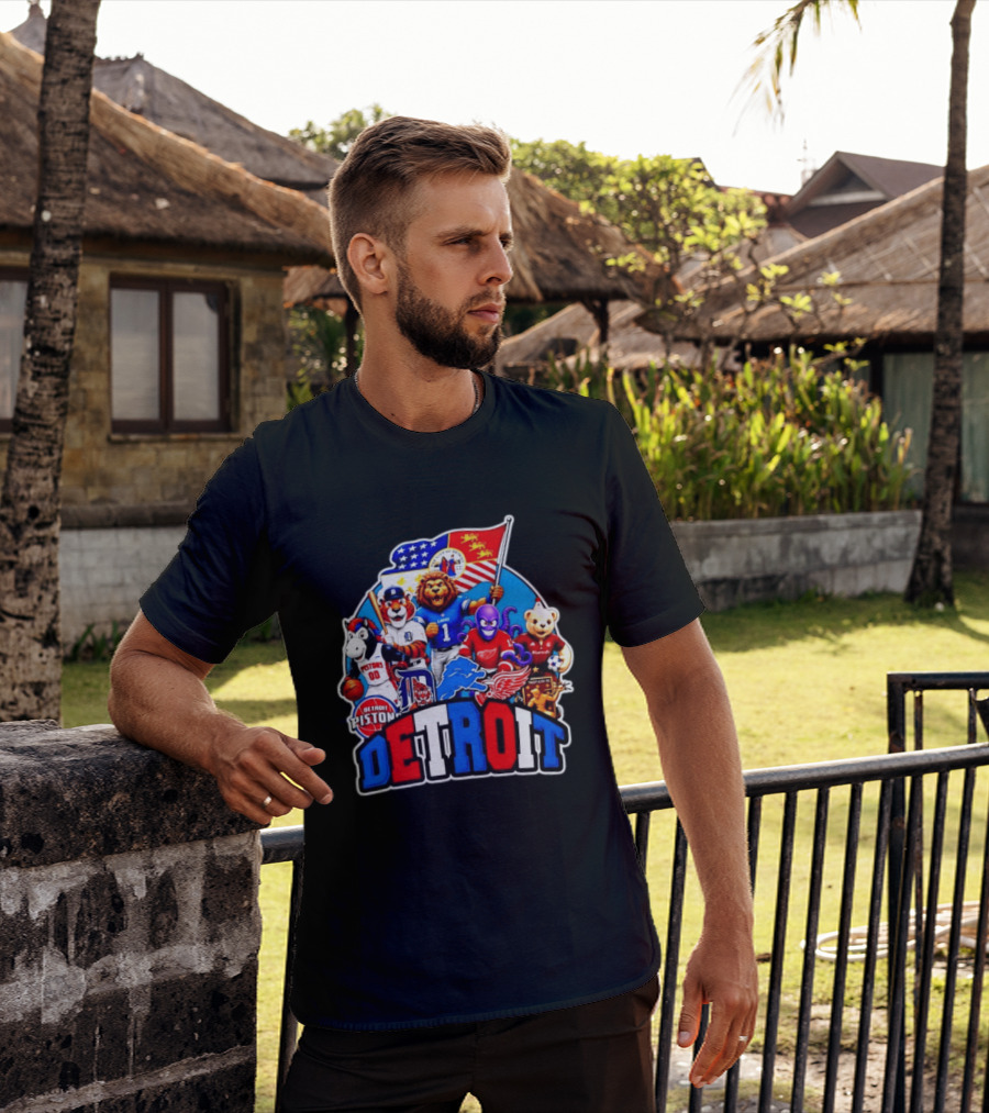Detroit Lions Tigers Pistons Red Wings Mascots With Flag T-Shirt