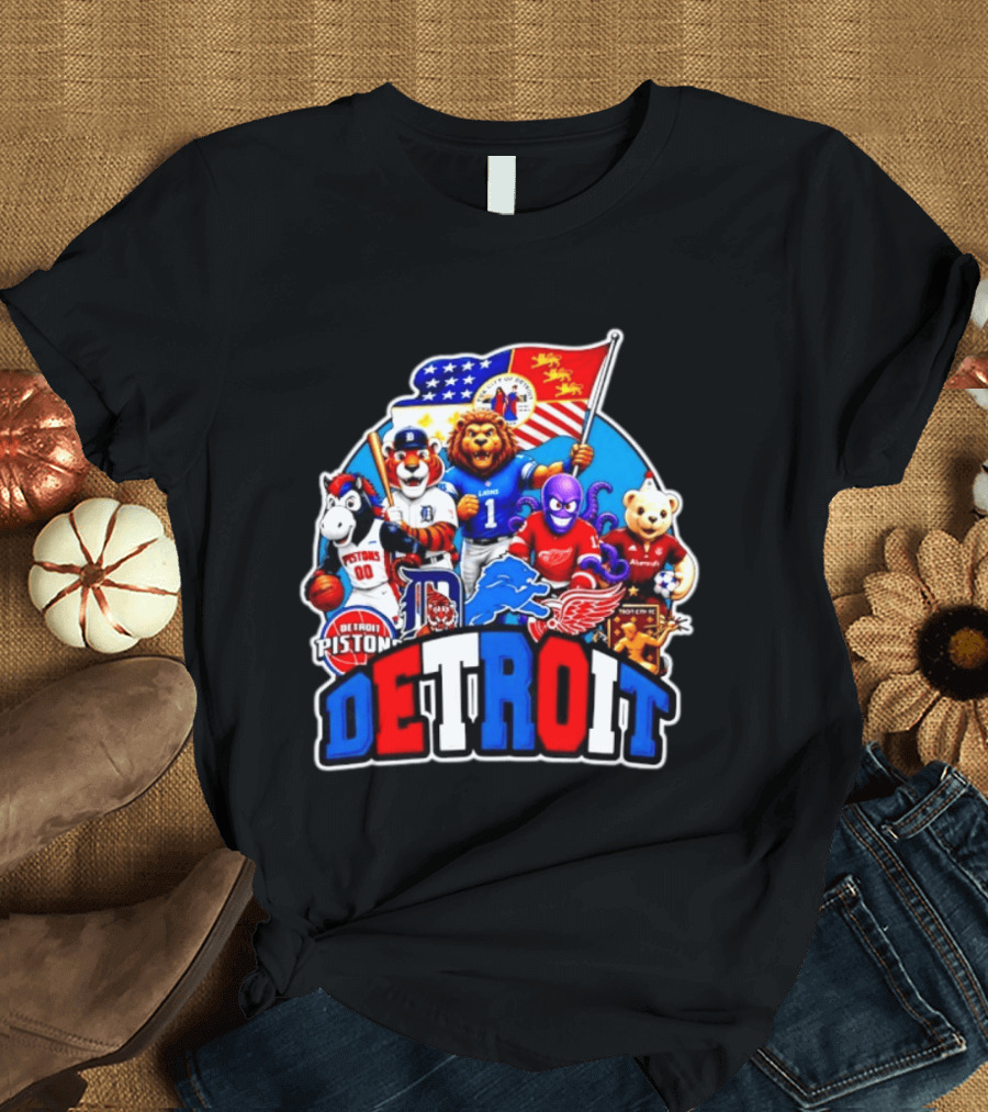 Detroit Lions Tigers Pistons Red Wings Mascots With Flag T-Shirt