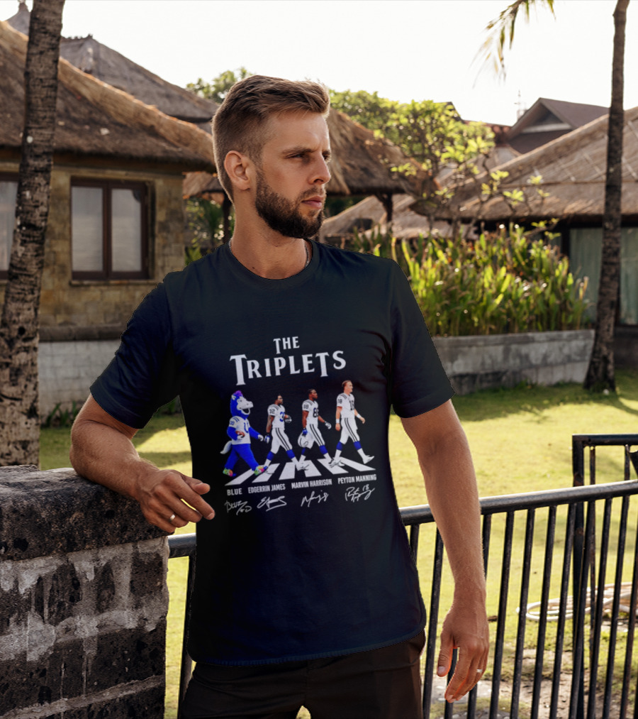The Triplets Blue Edgerrin James Marvin Harrison Peyton Manning Indianapolis Colts Abbey Road Signatures T-Shirt