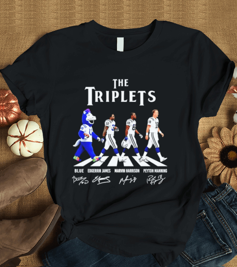 The Triplets Blue Edgerrin James Marvin Harrison Peyton Manning Indianapolis Colts Abbey Road Signatures T-Shirt