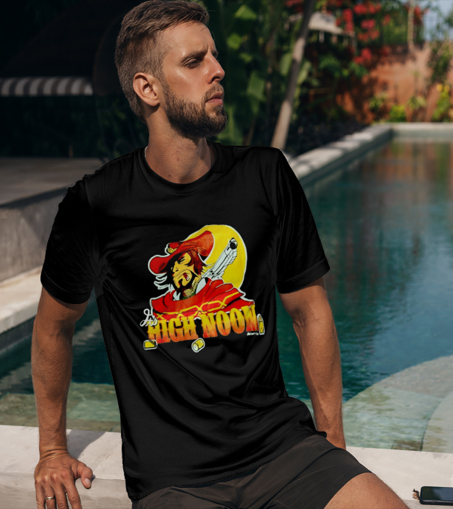 It's High Noon Cowboy With Red Cape And Pistol In Front Of Yellow Sun T-Shirt