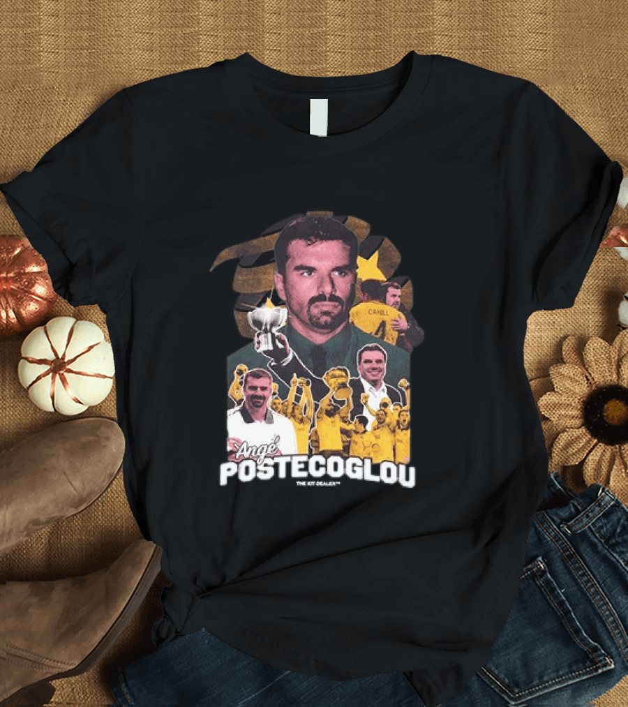 Ange Postecoglou Celebratory Moments With Trophy And Team T-Shirt