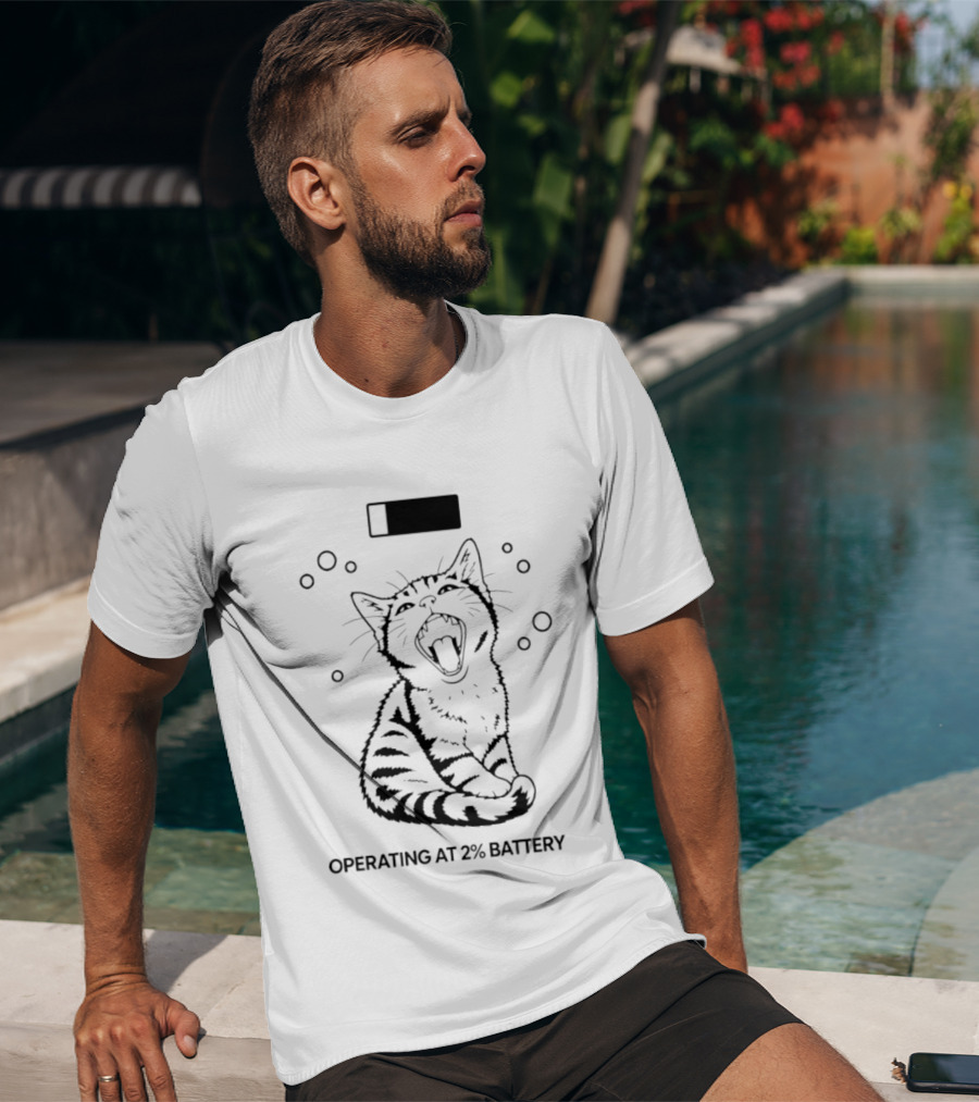 Tired Kitten Yawning Operating At 2% Battery T-Shirt