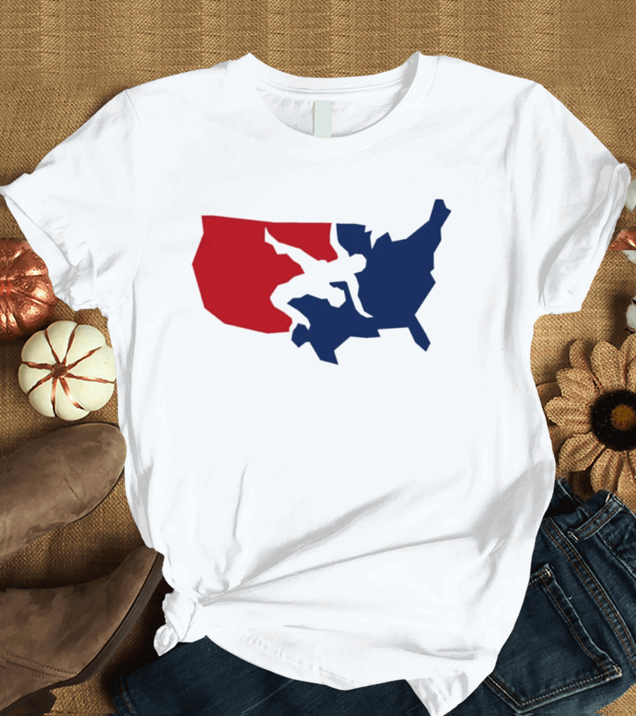 USA Wrestling Map Silhouette Red Blue T-Shirt