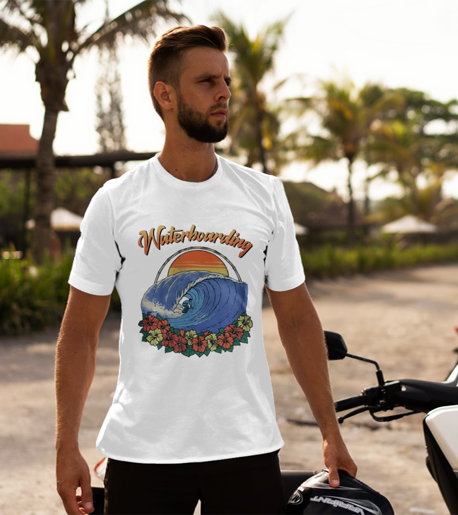 Waterboarding Surfing Tropical Hibiscus Flower Sunset Wave T-Shirt