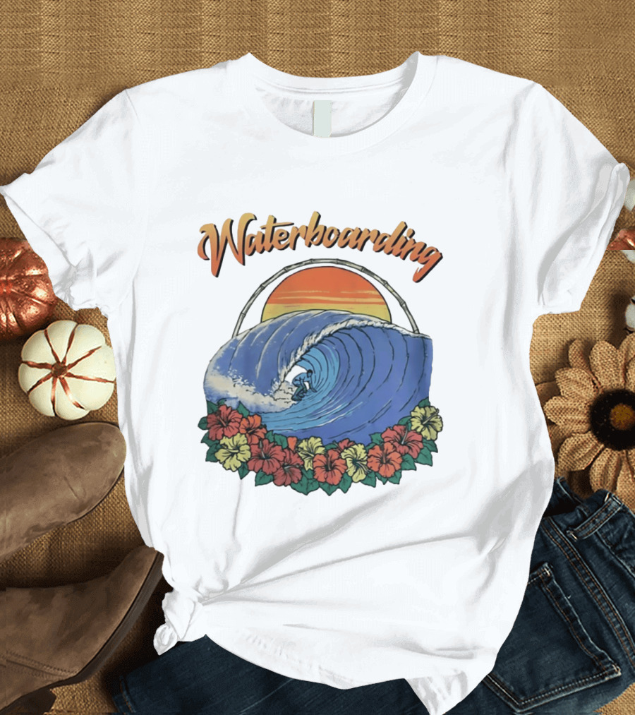 Waterboarding Surfing Tropical Hibiscus Flower Sunset Wave T-Shirt
