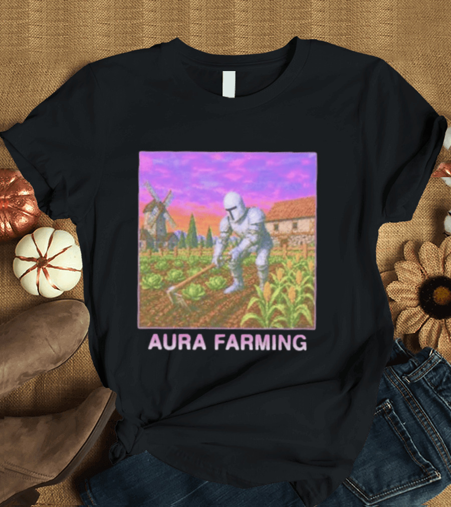 Aura Farming Knight Medieval Meme Windmill Crops Cabbage Garden T-Shirt