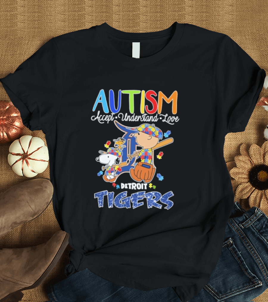 Autism Accept Understand Love Snoopy Charlie Brown Detroit Tigers T-Shirt