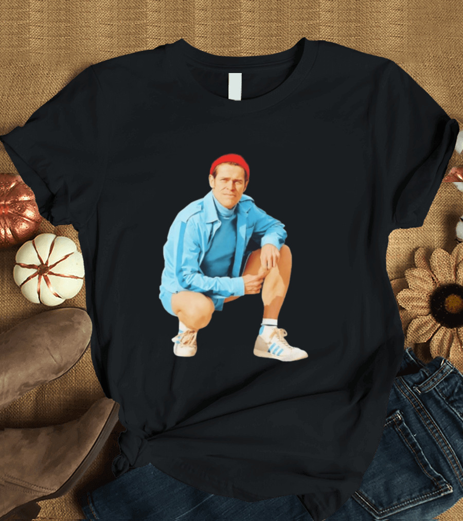 Klaus Willem Dafoe Retro Style With Red Beanie And Blue Tracksuit T-Shirt