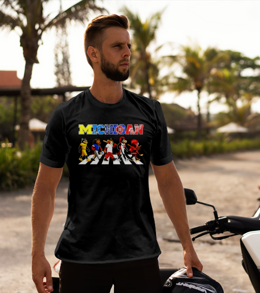 Michigan Sports Mascots Abbey Road Detroit Lions Pistons Tigers Red Wings Wolverine T-Shirt
