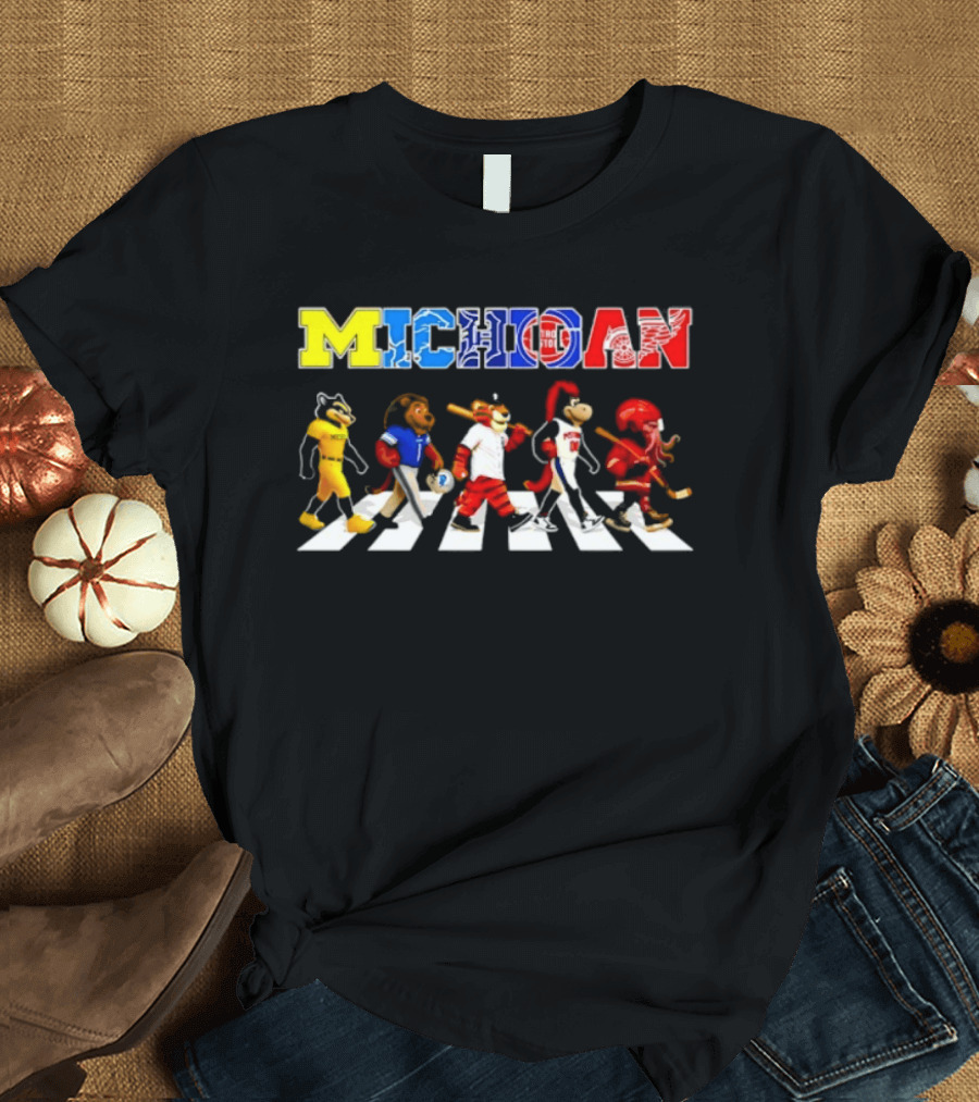 Michigan Sports Mascots Abbey Road Detroit Lions Pistons Tigers Red Wings Wolverine T-Shirt