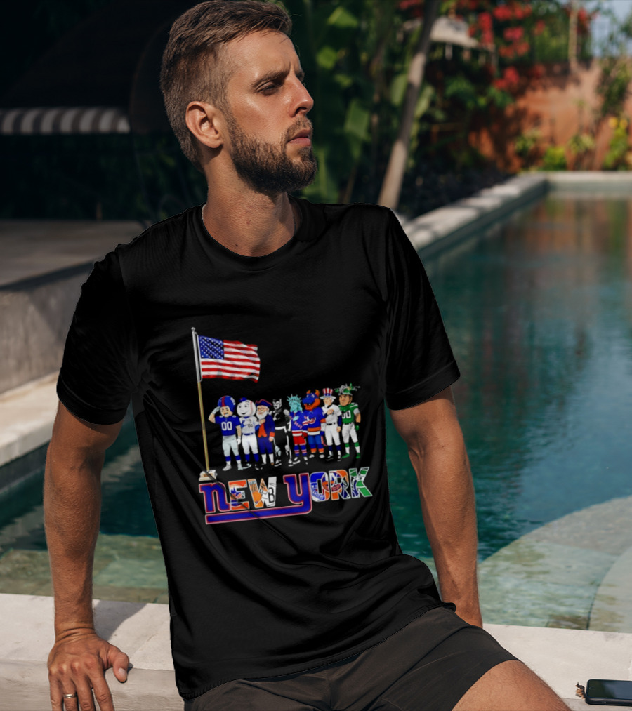 New York Sports Teams Mascots American Flag Giants Yankees Mets Rangers Knicks Jets T-Shirt