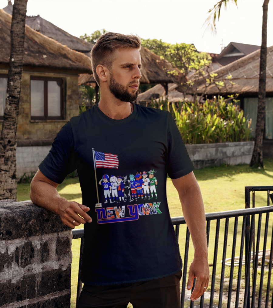 New York Sports Teams Mascots American Flag Giants Yankees Mets Rangers Knicks Jets T-Shirt