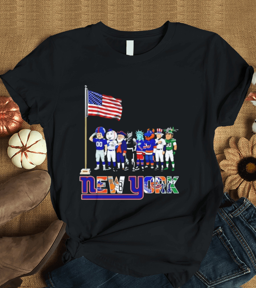 New York Sports Teams Mascots American Flag Giants Yankees Mets Rangers Knicks Jets T-Shirt