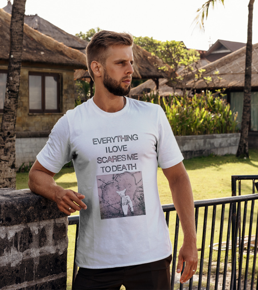 Everything I Love Scares Me To Death Existential Dread Sheep On Red T-Shirt