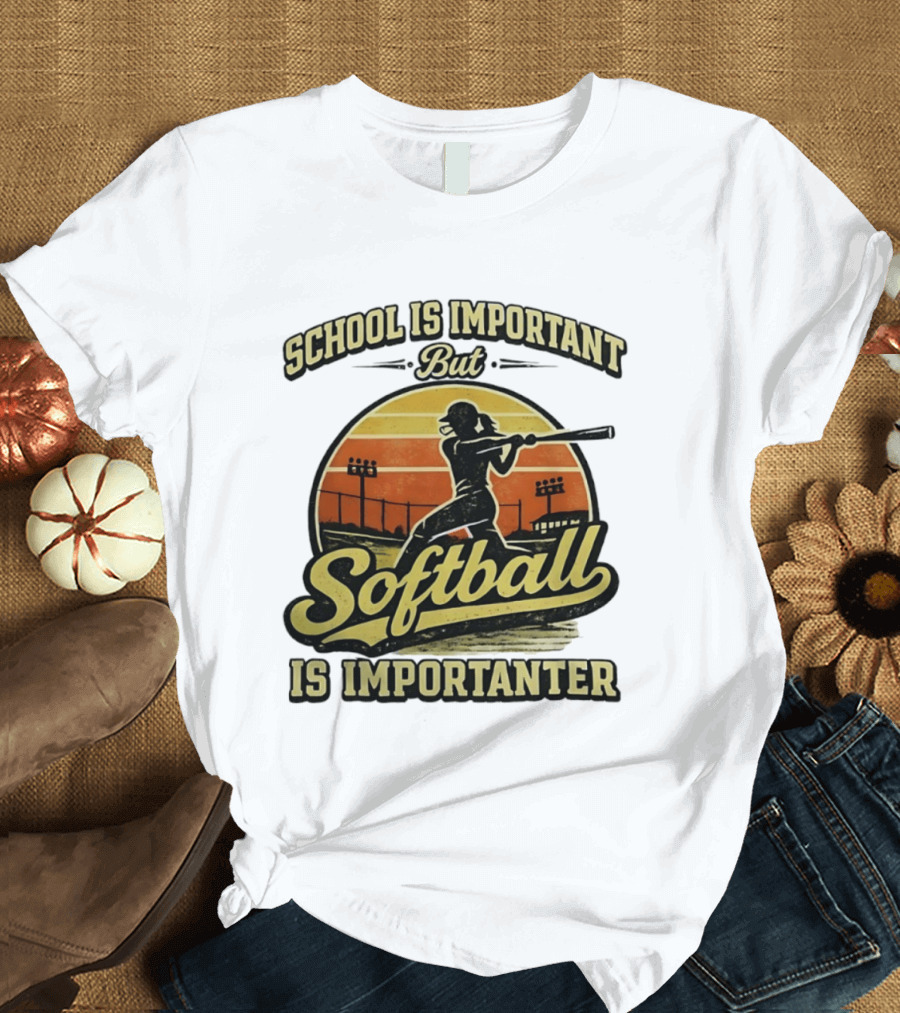 School Is Important But Softball Is Importanter Retro Silhouette Batter T-Shirt