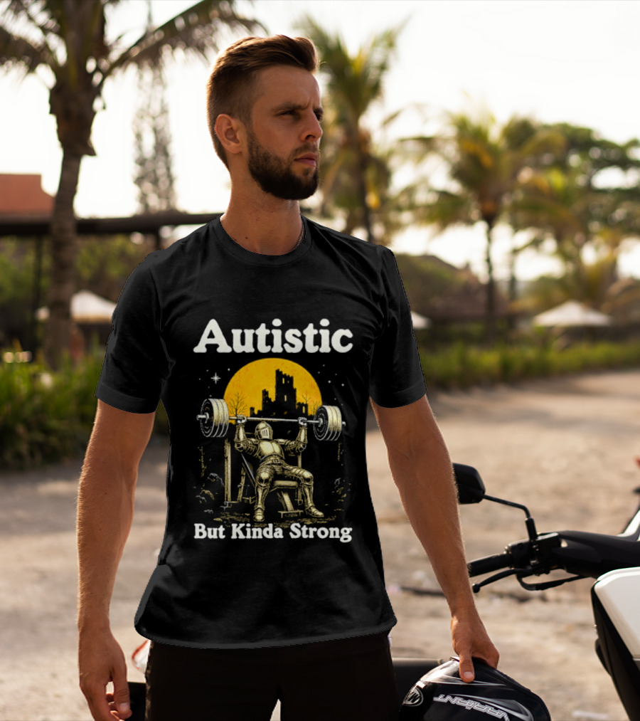 Autistic But Kinda Strong Knight Lifting Weights Autism Awareness Moon T-Shirt